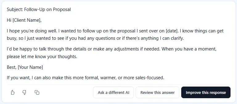 Bivy response with three refinement buttons: Ask a different AI, Review this answer, and Improve this response